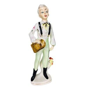 Vintage 50s 60s Western Cowgirl & Rooster Farmhouse Ceramic Figurine Japan